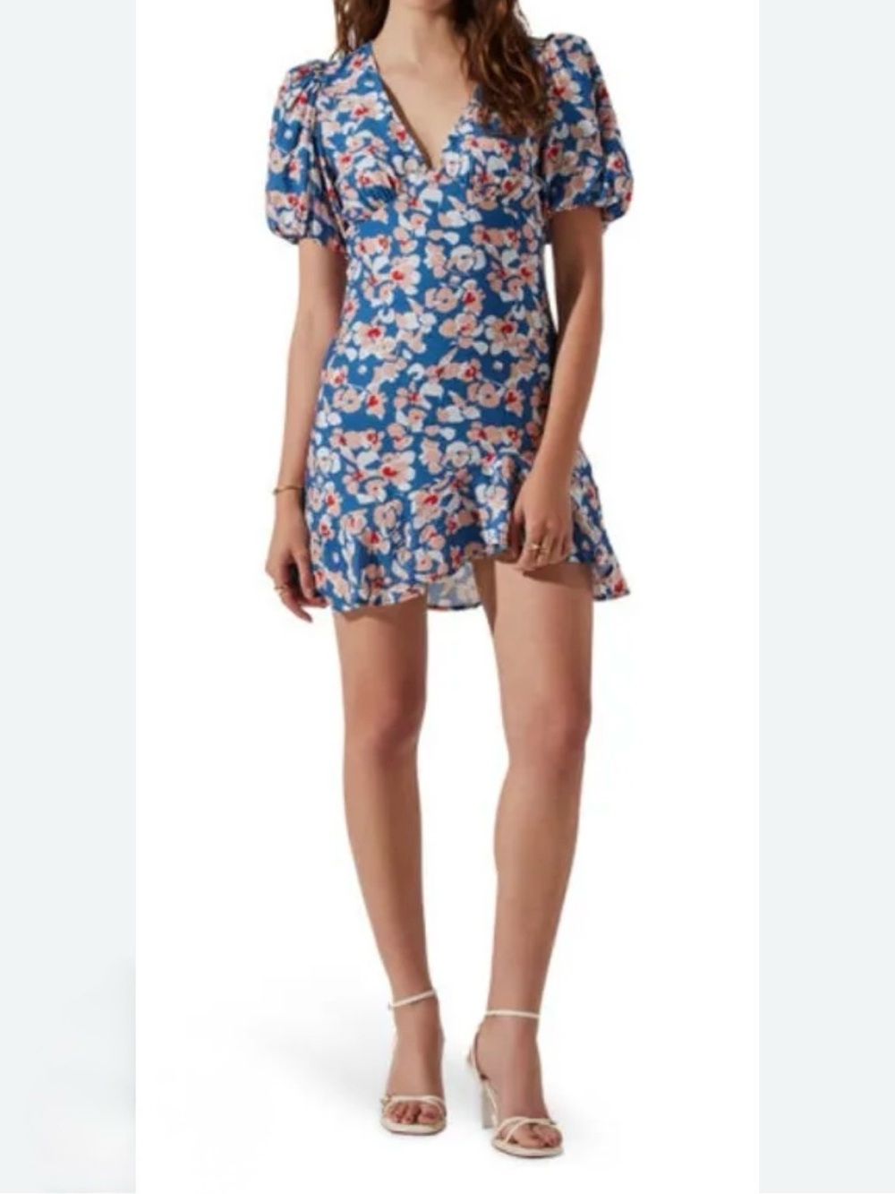 ASTR Blue Floral V-Neck Puff Sleeve Mini Dress size S